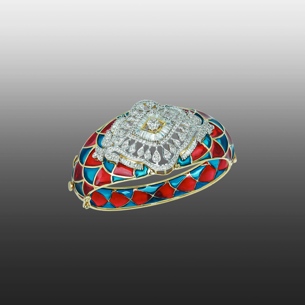 Red and Blue Enamel Bracelet with Full-Cut Diamonds